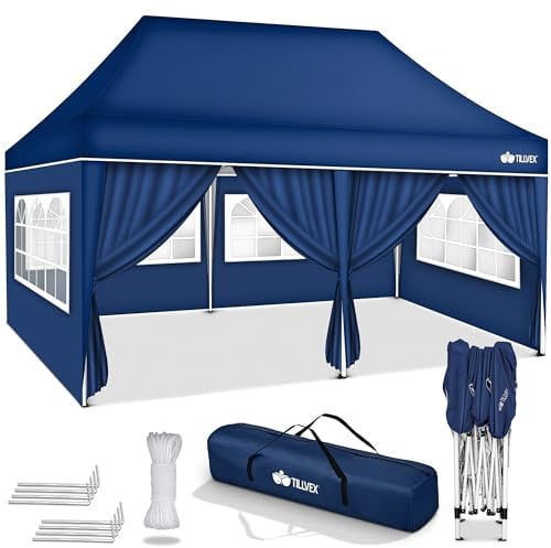 tillvex Pavillon 3x6m wasserdicht | Pop-Up Faltpavillon höhenverstellbar | Gartenzelt UV Schutz 50+ | Partyzelt mit Tasche für Garten (Blau - mit 6 Seitenteilen)