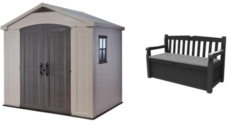 Keter Factor 8 x 6 ft Outdoor Storage Shed, Beige/Brown & Eden Bench 265L Outdoor 60% recycled Garden Furniture Storage Box Graphite & Light Grey
