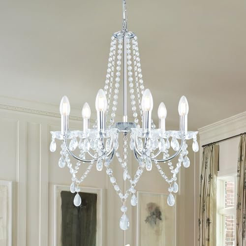 KMaiPem Modern Kristall Kronleuchter, 6 Lichter Chrom Landhaus Hängelampe Wohnzimmer, Bauernhaus Vintage Pendelleuchte Schlafzimmer, Französisch Rustikal Höhenverstellbar Chandelier Esstisch