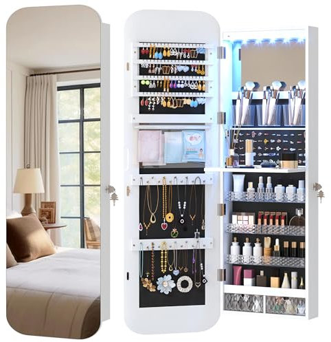 Vlsrka LED Ovaler Schmuckschrank Hängend, Türspiegel/Wandspiegel Schmuckschrank, Schmuckschrank mit Spiegel und Beleuchtung, Schmuckspielgelschrank Holz Abschließbarer, Gewölbter Spiegelschrank, Weiß