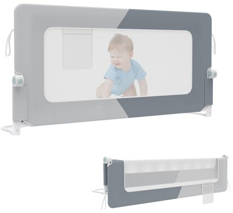 YUENFONG 200cm Bettgitter Bettschutzgitter Rausfallschutz für Kinder, Höhenverstellbar 72 bis 96cm Kinderbettgitter, Klappbar Kinderbettschutzgitter Seitenschutz, Dunkelgrau+Hellgrau