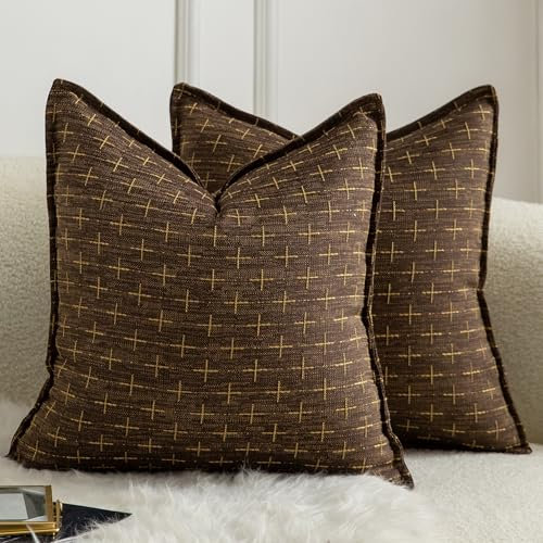 Mandioo 2er Set Kissenbezug Hanftuch Weben Textur Modern Bauernhaus Kissenbezüge Kissenhülle Dekorieren Zierkissenbezug Sie Wohnzimmer Sofa Schlafzimmer Bett 45x45cm Tiefbraun