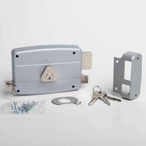 CISA - Serrure de porte en fer à appliquer 15042150195 - Serrure de porte extérieure en acier peint gris avec cylindre et tige nickelés - Entrée 50 - Main Droite