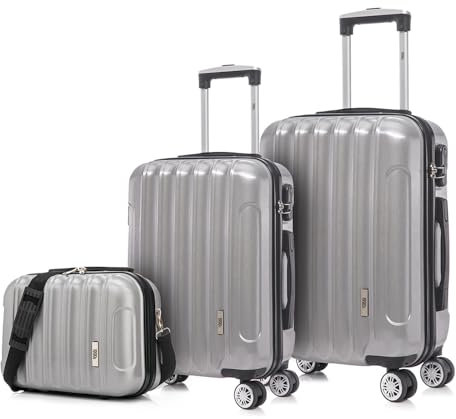 Set de 3 valises de Voyage Cabine 55x39x21cm (45L), Moyenne 65cm, Trousse de Toilette, Valise Rigide Polycarbonate - Argent