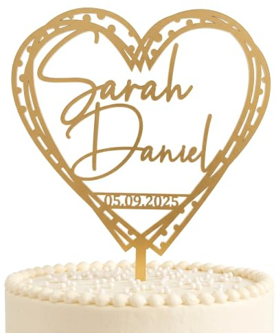 Cake Topper Hochzeit Personalisiert – Herz mit Namen | Tortendeko & Tortenstecker Hochzeitstorte · Gold, Roségold, Silber, Weiß, Schwarz, Holzfarben · Bruchsicher · Mit Namen