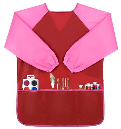 Blouse de peinture imperméable Avec manches Pour enfants 5-8 ans 3 poches Tablier d'art École, peinture, cuisine Rouge, rose M