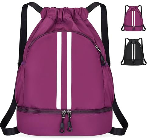 MILAIUN Mode Sport Rucksäcke, Turnbeutel mit Kordelzug, Wasserfest Sporttasche mit Bodenfach und Breit Kordelzug, Basketball Fussballtasche, Rucksack Beutel, für Damen Herren Junior (Lila)