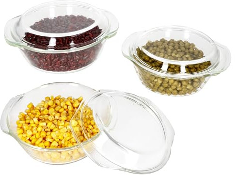 MamboCat 3tlg Set Brat- und Backform 0,7L, 1L & 1,5L mit Deckel I runde Auflaufform aus Glas I Form für Lasagne, Braten, Gratin, Tiramisu, Dessert & Co I hitzebeständiger Bräter, backofentauglich