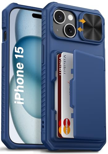 Vihibii iPhone 15 / 14 / 13 Wallet Case with Card Holder (4 Cards) & Slide Camera Cover & Raised Edges Protect Screen, Shockproof Rugged Phone Case for iPhone 15 6.1 2023, Blue