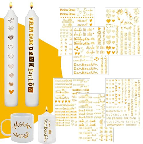 Jadeunm Kerzentattoo A5 Glitzer Gold, 6 Stück Danke Design, Wassertransferdruck Folie für Tasse, DIY Geschenk