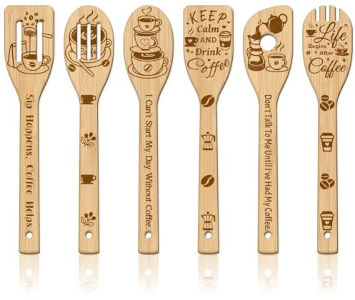 GLOBLELAND 6 Stück Kaffee Bambus Kochutensilien Aus Holz Graviertes Kochlöffel Set Schnitzküche Bambusspatel Set Holz Kochlöffel Für Die Küche Einweihungsgeschenk
