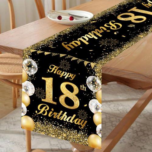 18. Geburtstag Tischläufer Schwarz Gold, Party Tischdeko 180 x 35 cm | Elegantes Schwarz-Gold-Design, langer dekorativer Tischläufer, passend für Geburtstagsfeiern und Partys