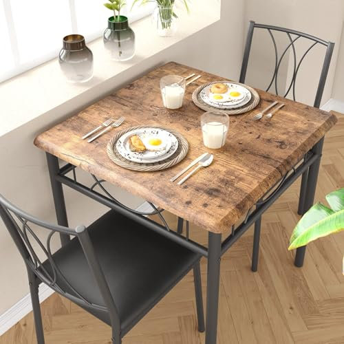 Salutmeuble 3-teiliges Küchentisch-Set, Tisch und Stühle für 2, quadratischer Esstisch aus Metall und Holz mit 2 gepolsterten Stühlen, Esstisch für kleine Räume