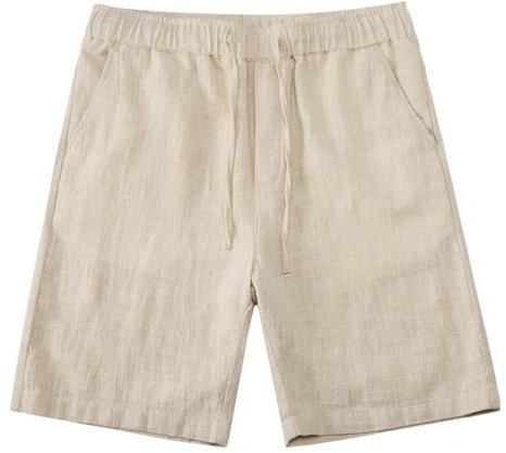 Leinen-Shorts für Herren, leicht, lockere Passform, kurze Hose, atmungsaktiv, elastischer Bund, Kordelzug, Baumwolle, Strand-Shorts, Sommer, Freizeit, Boardshorts, khaki, M