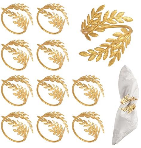 Gosknor 12uds Anillos de Servilleta Trigo Dorados, Servilleteros Tela de Metal con Forma Hoja Elegantes Anillos Servilleta Decoración Mesa para Bodas Pascua Fiestas Primavera Banquetes