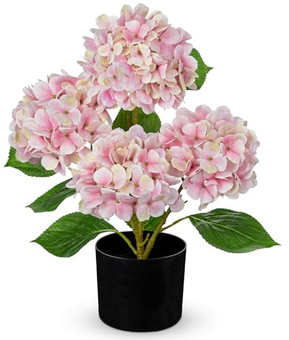Hollyone Künstliche Hortensie im Topf, Rose Hortensien Kunstblumen mit 4 Blütenköpfe Deko Blume mit Topf Seidenblume für Haus Bad Büro Tisch Dekoration