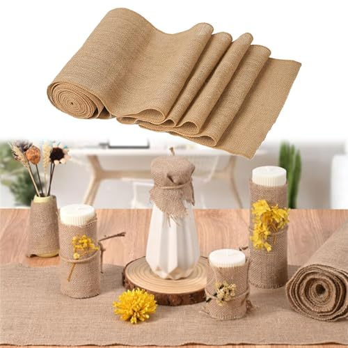 Jute Tischläufer für Tisch,20cmx10m Jute Tischläufer,Juteband Tischband,Tischläufers Leinen,Natur Juteband Tischläufers Meterware,für Hochzeit,Garten-Tischdecke,Party,Rustikale Tisch