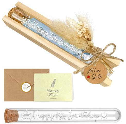 Geschenk 18. Geburtstag Junge Mädchen, Ideen Geldgeschenke 18. Geburtstag Verpackung mit Trockenblumen & Geburtstagskarte & Reagenzglas, Happy 18th Birthday, 18ter Geburtstag Karte