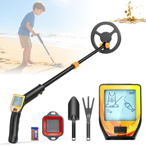 Detector Metales Niños, Ligero Detector de Metales para Niños con Mango Ajustable de 66-83 cm, Pantalla LCD y Bobina de Búsqueda Impermeable, Alta Sensibilidad con Pala, Rastrillo y Tamiz, Naranja