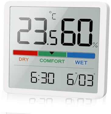 Digital Indoor Thermometer Hygrometer with Time & Date Display | High-Contrast LCD Room Temperature & Humidity Monitor, Magnetic/Wall/Stand, CR2032 Battery, for Home, Office & Reptile Tank
