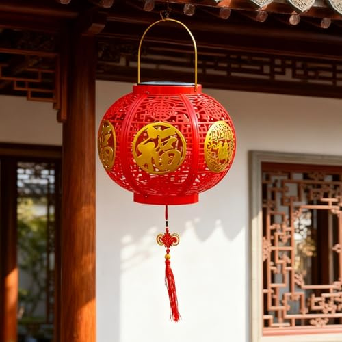 Jahr des Pferdes Solar- und USB-betriebene chinesische rote Laterne, LED, warmes Licht, wetterbeständiger Kunststoff, 24 cm x 44 cm, festliche Dekoration für Frühlingsfest, Hochzeiten