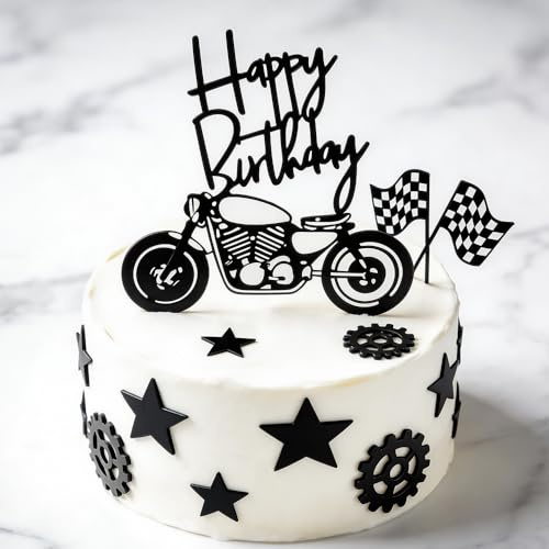 Motorbike Cake Topper - Acrylic Reusable Motorcycle Theme Cake Decorations for Boys Birthday Party with Gears & Stars (7PCS, Black)