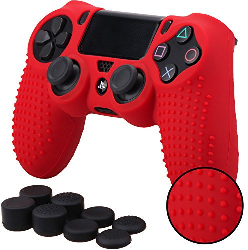 Pandaren® TACHONADO de silicona Fundas protectores de piel antideslizante para el PS4 Mando x 1 (rojo) + FPS PRO thumb grip x 8