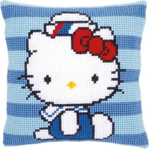 Vervaco Kreuzstich Stickpackungen Kissen Stickerei Set Anfänger Vorgedruckt Hello Kitty bei der Marine DIY Set Kreativ Set Für Erwachseneca. 40 x 40 cm Bastelset Handwerker Haus Dekoration