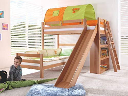 Froschkönig24 Etagenbett Sky Kinderbett mit Rutsche Spielbett Bett Natur Stoffset Grün/Orange