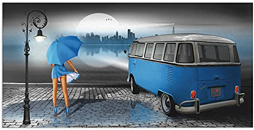 ARTland Wanddeko Wandbild Alu Verbundplatte für Innen & Outdoor Bild 60 x 30 cm Skyline Pin Up Regenschirm Auto VW Camper T1 Blau Regen bei Nacht Retro Vintage T6HM
