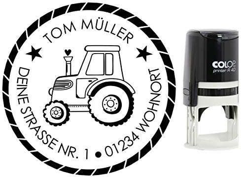 Adressstempel Traktor Rund mit Name Straße und Ort, verschiedene Motive, Colop mit integriertem Stempelkissen, Kinder