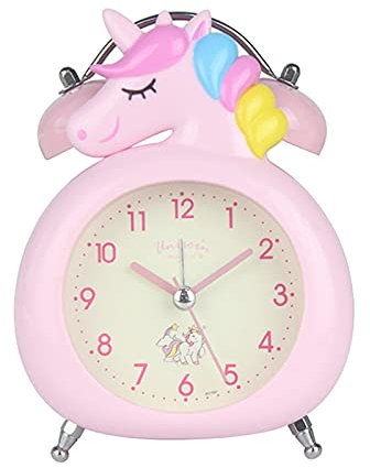 SWECOMZE Einhorn-Wecker für Mädchen und Kinder, niedliche Schlafzimmerdekoration, kein Ticken, geräuschloser Sekundenzeiger, mit Hintergrundbeleuchtung, super laute Doppelglocke, für Kinder (Rosa)