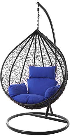 Kideo® Komplettset: XXL Hängesessel mit Gestell & Kissen, Lounge Möbel, Poly-Rattan, schwarz, edel, groß (Kissen: Nest blau (5900 Admiral))