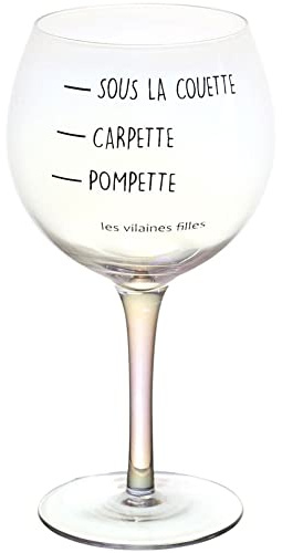 Les Vilaines Filles 41-VF-038 Verre à vin gradué Pompette Carpette Sous la couette Transparent iridescent et noir Verre D9,5 x H18,2 cm