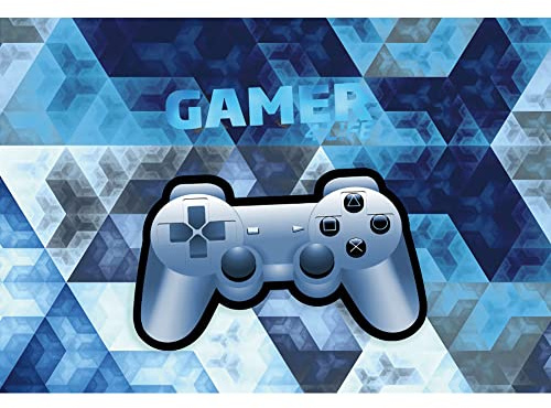 Aoihrraan 2,2x1,5m Video Game Backdrop Silver White Blue Gamepad Handle Photography Background Gamer 4 Life Fan Club Banner Gaming Themed Birthday Party Kids Boys Portrait Photo Studio Props