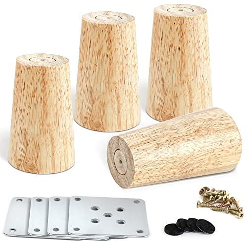 JOLIGAEA 4 Stück Möbelfüße Holz, Sofafüße, 8cm Konisch Ersatz Tischbeine, Möbelbeine mit Montageplatten & Schrauben für Sofa, Schrank, Bett Und Tisc, Rechter Winkel