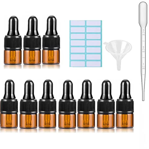 Braunglas-Tropfflaschen mit schwarzen Kappen, gemessener Pipette, Trichter und Etiketten, 1 ml Glas-Tropfflaschen für ätherische Öle, nachfüllbar, 10 Stück