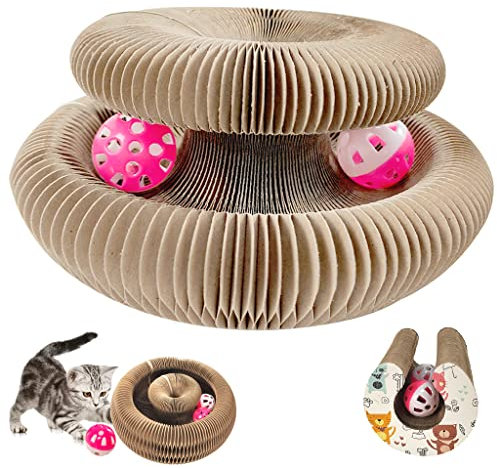 Magic Organ Cat Scratching Board,Faltbares Wellpappe Kratzpappe Rund with 2 Bell Katzenspielzeug,Scratchy Katze Interaktives Kratzspielzeug für Katzen Scratchy Katzenspielzeug