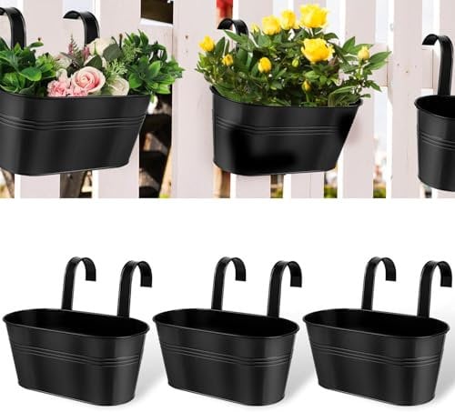 11 Inch Metal Hanging Flower Pot Indoor - 3 PCS Balcony Metal Buckets with Detachable Hooks and Drainage Holes Large Oval Fence Hanging Planters for Railing Outdoor Great for Garden Home Decor, Black