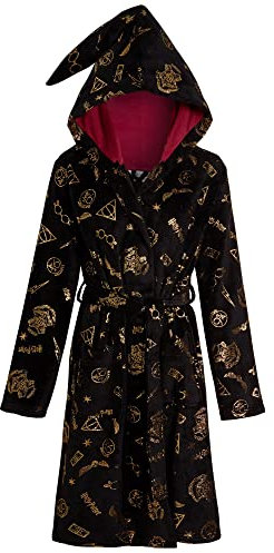 Harry Potter Damen-Bademantel für Teenager, Heiligtümer des Todes, mit Kapuze, Geschenk, Schwarz , 38
