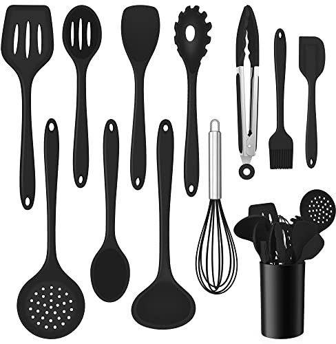Küchenhelfer Set, Onader 12 teiligs Silikon Kochutensilien Kochbesteck Set, Antihaft Hitzebeständiger Kochgeschirr Küchenutensilien Set mit Utensilienhalter, Spülmaschinengeeignet - Schwarz