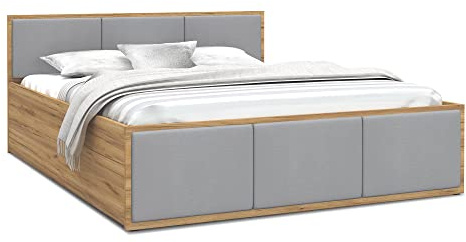 FurnitureByJDM Bett 180x200 mit Stauraum & Gepolsterte Einsätze – Doppelbett mit Bettkasten und aufklappbarem Lattenrost – Stauraumbett mit Liftfunktion - Panama (Eiche Craft/Graue Einsätze)