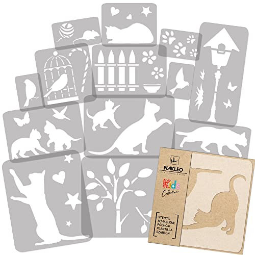 NAKLEO Schablonen Malen für Kinderzimmer, 14 Stück Set 9x12 bis 23x34cm Katzen Tiere, Wiederverwendbare Kunststoff Malvorlage Raumdekoration, Basteln DIY Wand Möbel Papier Stoff