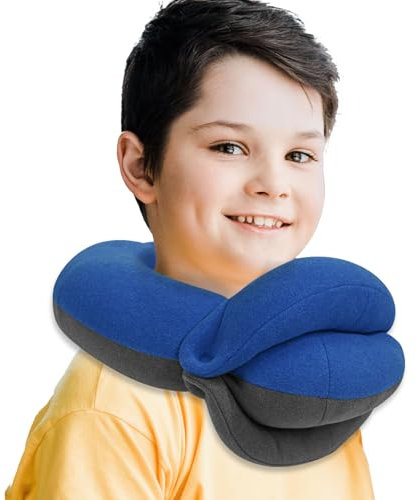 BUYUE Kinder-Reisekissen für das Flugzeug, 360° Kopfstütze Schlafen Essentials für Jungen Langen Flug, hautfreundliches weiches Nackenkissen für Reisen im Autositz, (klein, blau-grau, 18-45kg)