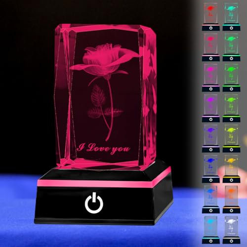 YATOSEEN 3D Rose Crystal with Led Light Base I Love You Gifts for Wife Girlfriend Mom Rose Flower Romantic Gifts for Anniversary Birthday Mothers Day Valentine's Day