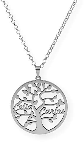 Colgante de plata Árbol de la Vida personalizable con nombres - Regalos para mujer, San Valentín, Día de la Madre (Dos nombres, Plata de primera ley)