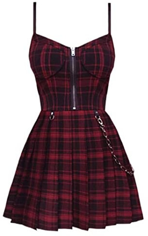 OKGD Gothic Mädchen Rot Plaid Plissee Emo Alt Kleid Y2K Reißverschluss Robe Femme Punk Schwarz Spaghettiträger Mini Kurz Jurken Goth Streetwear-Red Plaid,M