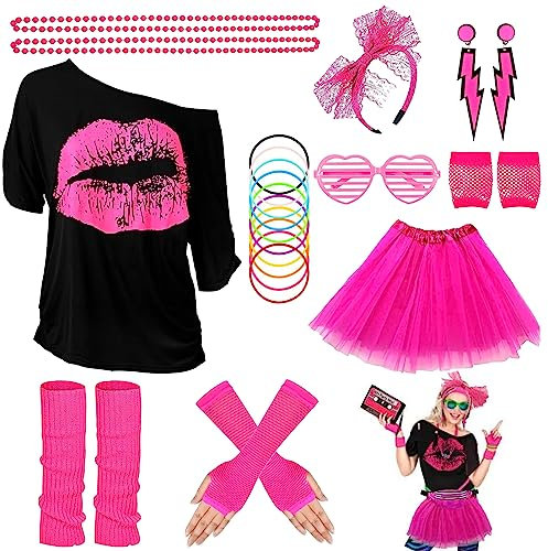 Déguisement Année 80 Femme, Taille unique, T-Shirt, Tutu Rose, Lunettes, Jambières, Bandeaux, Boucles d'oreilles, Colliers, Gants en résille, Deguisement Femme Annee 80 pour Femmes et Filles