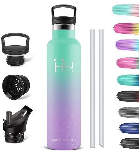 HoneyHolly Bouteille Isotherme 1000ml, Gourde INOX avec Paille, Bouteille d'eau sans BPA, Réutilisable, Anti-Fuite, Isolation sous Vide en Acier Inoxydable à Double Paroi, Gourde Isotherme