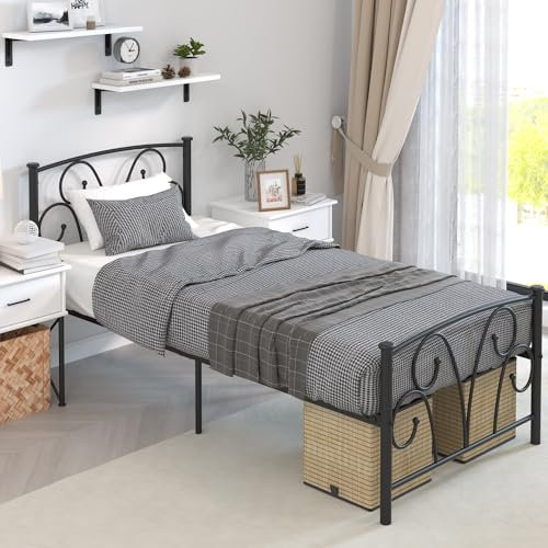 Ulifance Einzelbettgestell mit Kopfteil und Fußteil, Metallplattform-Bettrahmen mit 32,5 cm Stauraum, kein Boxspringbett erforderlich (schwarz)